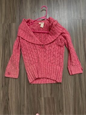 DKNY Vtg Raspberry Pink Cotton Blend Open-Knit Shawl-Collar Sweater Medium
